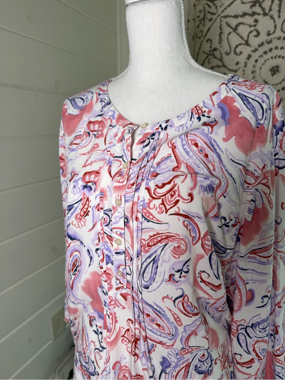 Talbots XL Paisley Print Blouse Pink Purple 100% Rayon 3/4 Sleeve Top